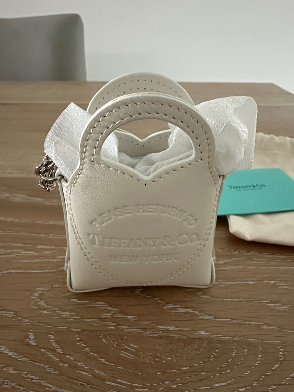 Tiffany & Co. Cream Leather Mini Bag Charm with Embossed Logo